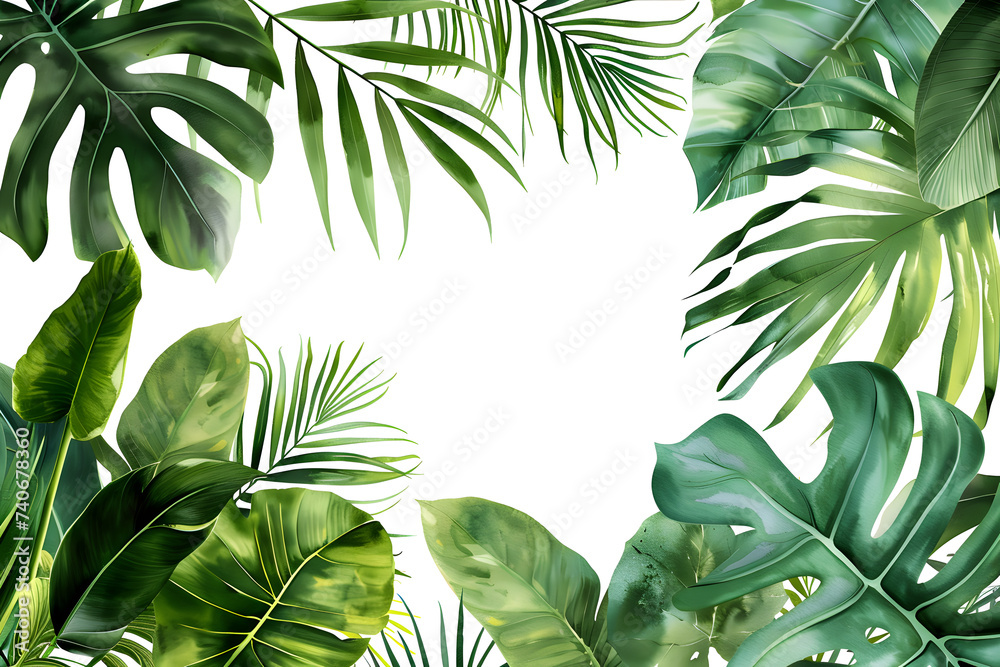 Watercolor frame with tropical leaves and jungle plants isolated on white with copy space for text