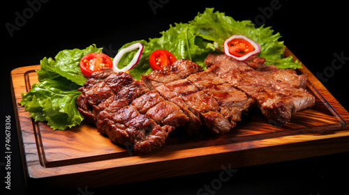 BBQ beef and pork steak garnished with green.