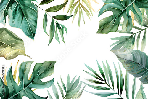 Watercolor frame with tropical leaves and jungle plants isolated on white with copy space for text