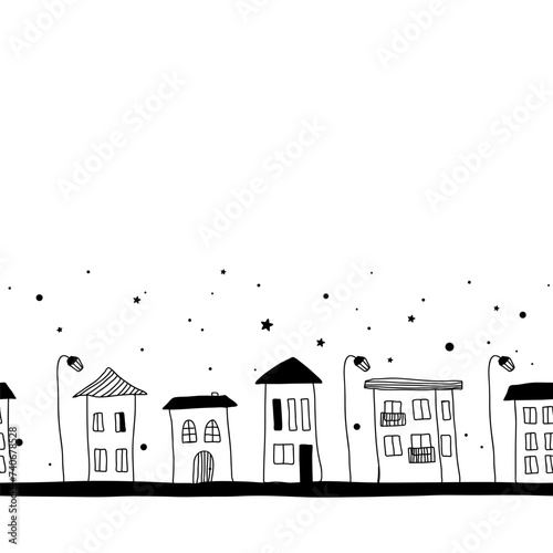 Doodle hand drawn houses, outline seamless border. City streets. Great for fabric, textile, vector illustration.