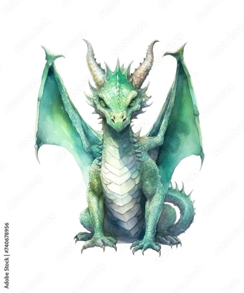 Fototapeta premium Watercolor illustration of a green dragon isolated on white background.