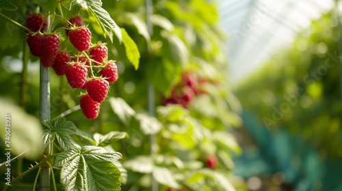 Raspberries growing inside a greenhouse photo