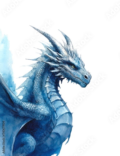 Watercolor portrait of a blue dragon isolated on white background.