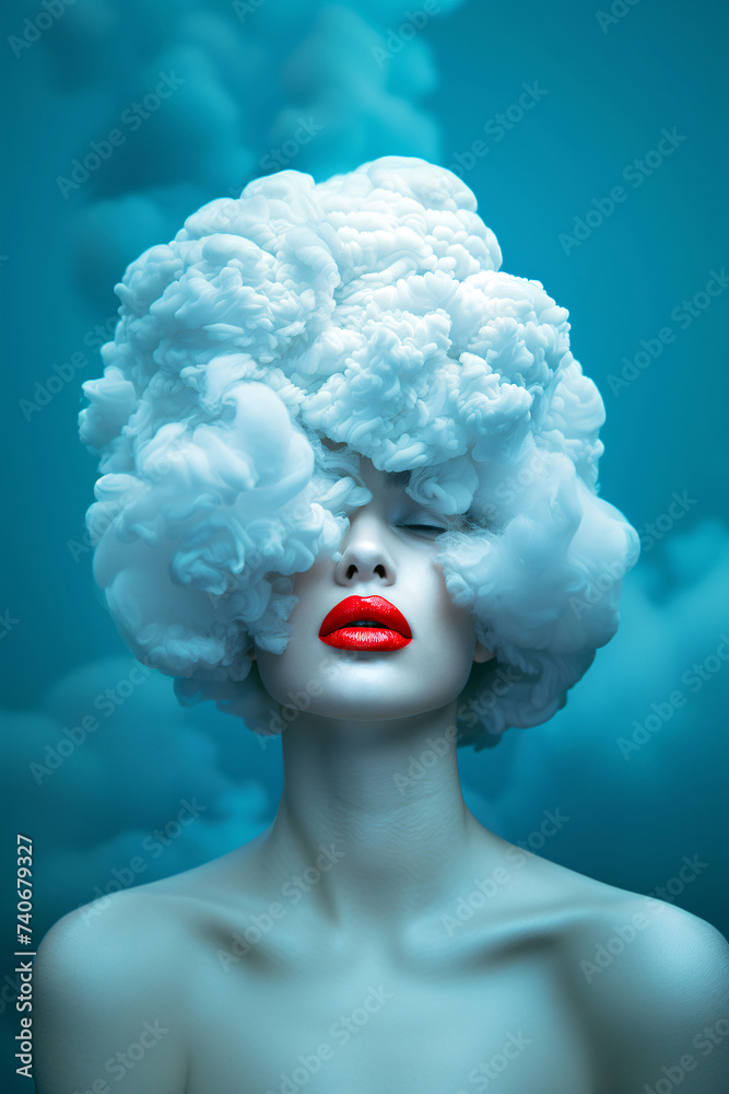 Woman with red lips and white clouds on her head. A bold and stylish woman wears her passion for fashion on her lips, with a vibrant red lipstick and a crown of fluffy white clouds that embody her cre