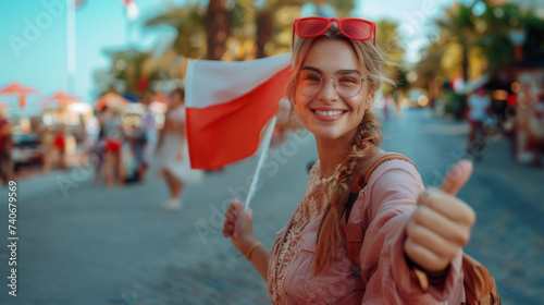 Young woman with red sunglasses holding flag of Poland and showing thumb up.
