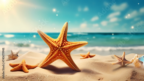 Starfish background  peaceful coast scene with gentle waves