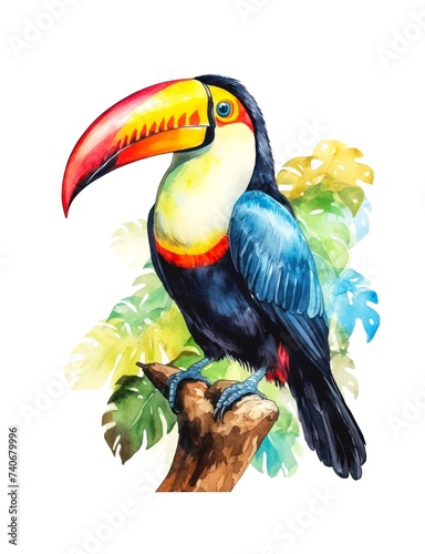 Watercolor illustration of a toco toucan bird isolated on white background. photo