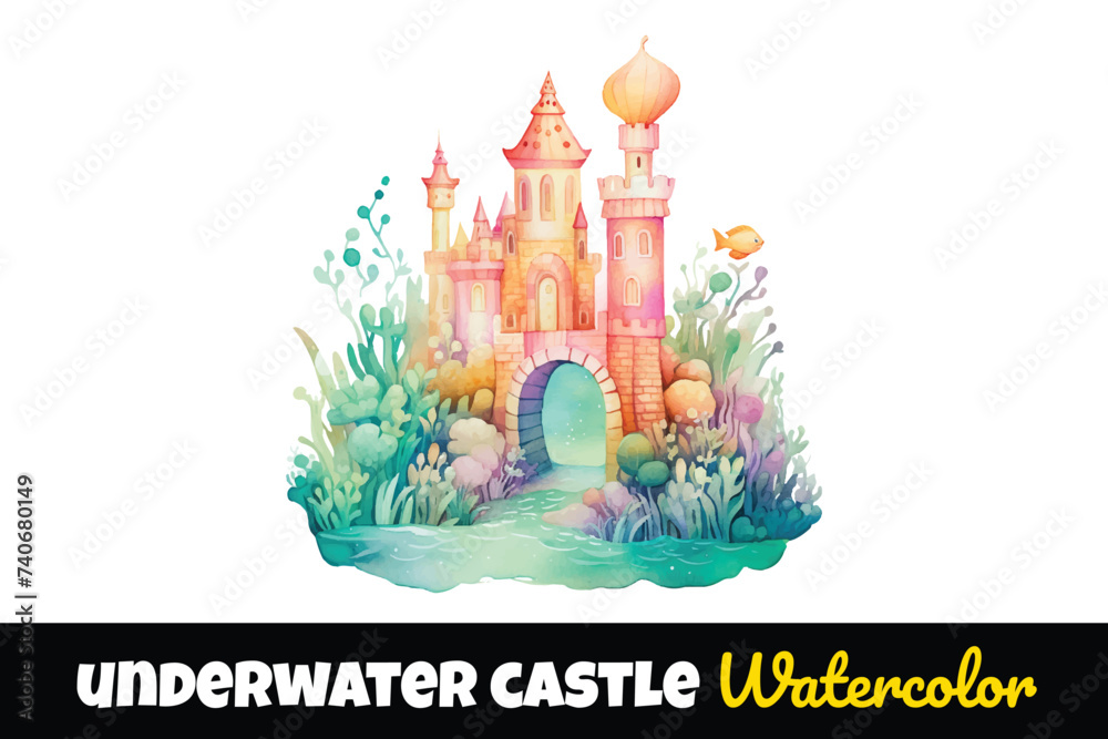 watercolor of underwater castle vector illustration