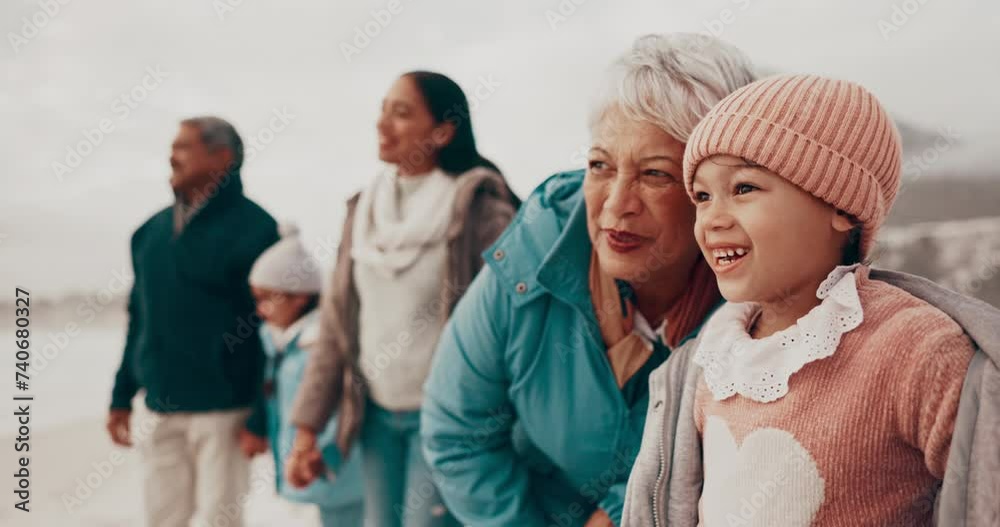 Big family, beach and grandmother with girl, vacation and excited with happiness and getaway trip. Old woman, seaside and children with holiday and bonding together with generations and adventure
