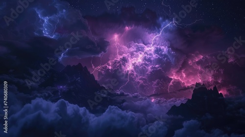 Stormy sky with lightning on a dark background, for backgrounds, Generative AI