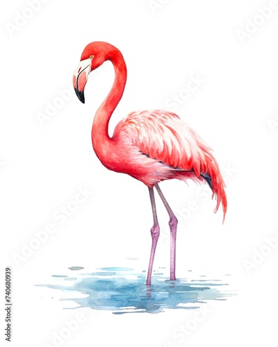 Watercolor illustration of a flamingo standing in the water isolated on white background.
