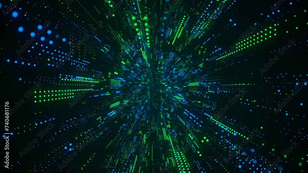 Fototapeta premium Cyber futuristic speed tunnel. Sci-fi wormhole. Matrix technology decoder. Abstract 3D wireframe portal with connections lines and dots. Data flow. Technology funnel with dots. 3d rendering.
