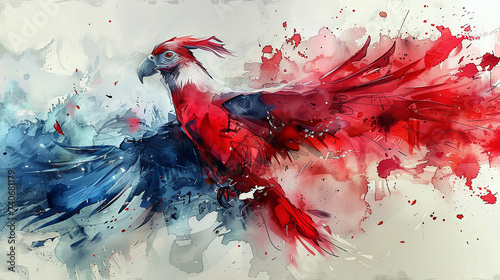 Red and blue parrot on a white background. Watercolor painting photo