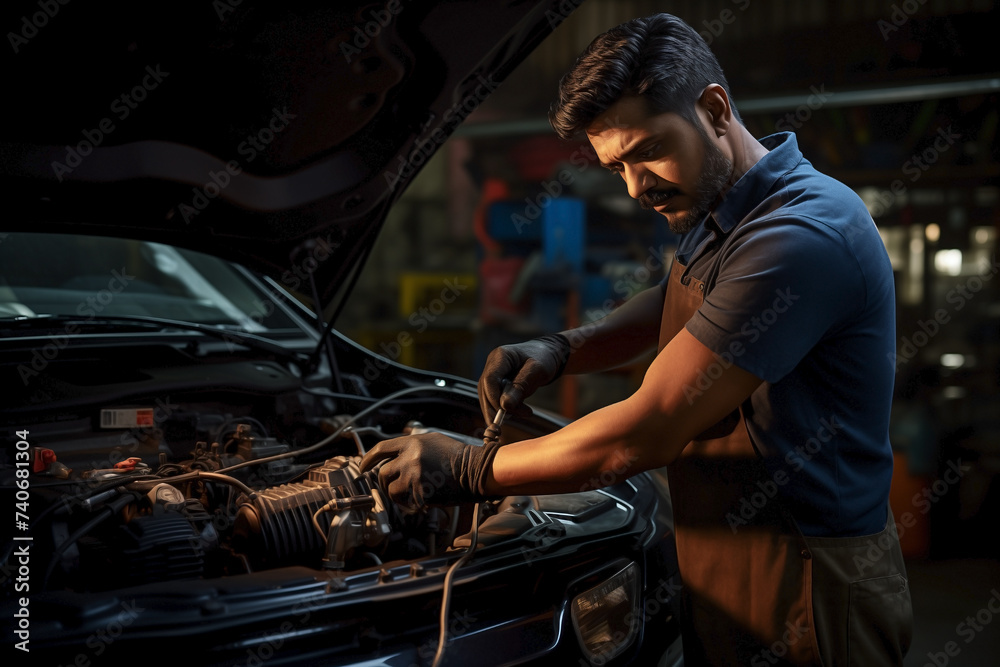 Male Indian automotive technician repairing a vehicle. Male Indian automotive technician repairing a vehicle.