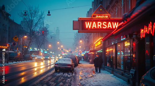 Warsaw lights sign street at night.