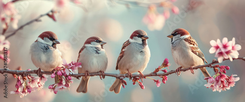 Sparrow's Serenade in the Green Garden: A Small and Cute Bird Sitting on a Sunny Tree Branch in Spring