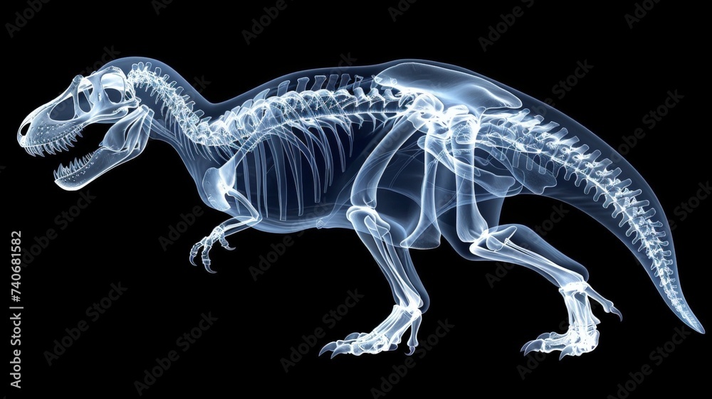 Fototapeta premium Tyrannosaurus Rex Skeleton in X-ray Photography, Gradient Colors, Black Background
