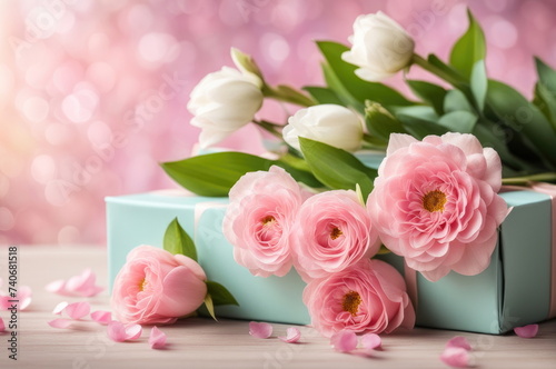 Elegant Gift Box Amidst Soft Pink Flowers © dashtik