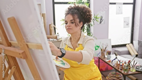 Worried hispanic curly hair artist woman staring at watch, fearing she's late for work at her studio photo