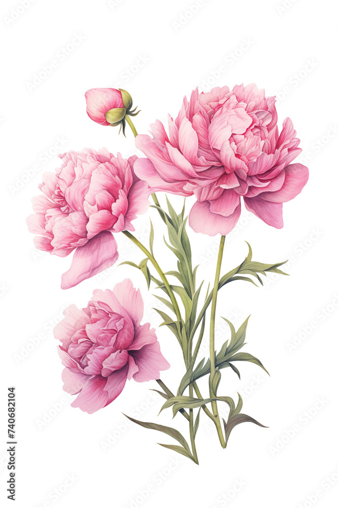 Vintage Illustration of Blooming Pink Peonies