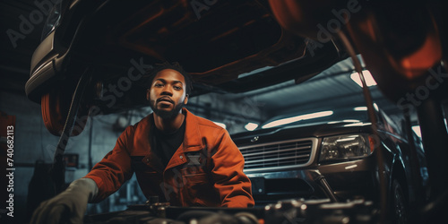 Guy African American technician working on an automobile.