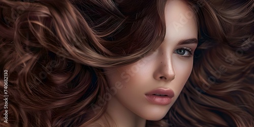 Brunette with flowing waves showcasing shades of brown and caramel elegantly. Concept Hair color ideas, Brunette waves, Brown and caramel highlights, Elegant hairstyles