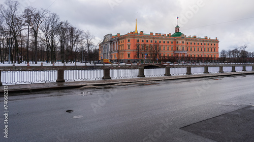 St. Petersburg, Russia, February 4, 2024. River embankment and view of Mikhailovsky Castle in winter.