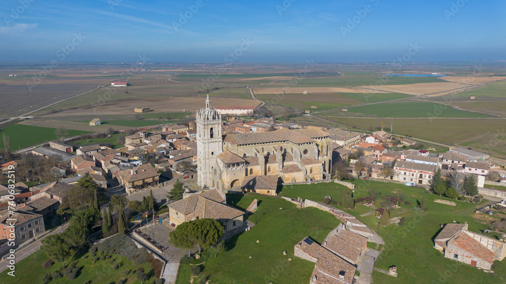 Panoramic aerial view of the church of Tamara de Campos, Palencia, Spain