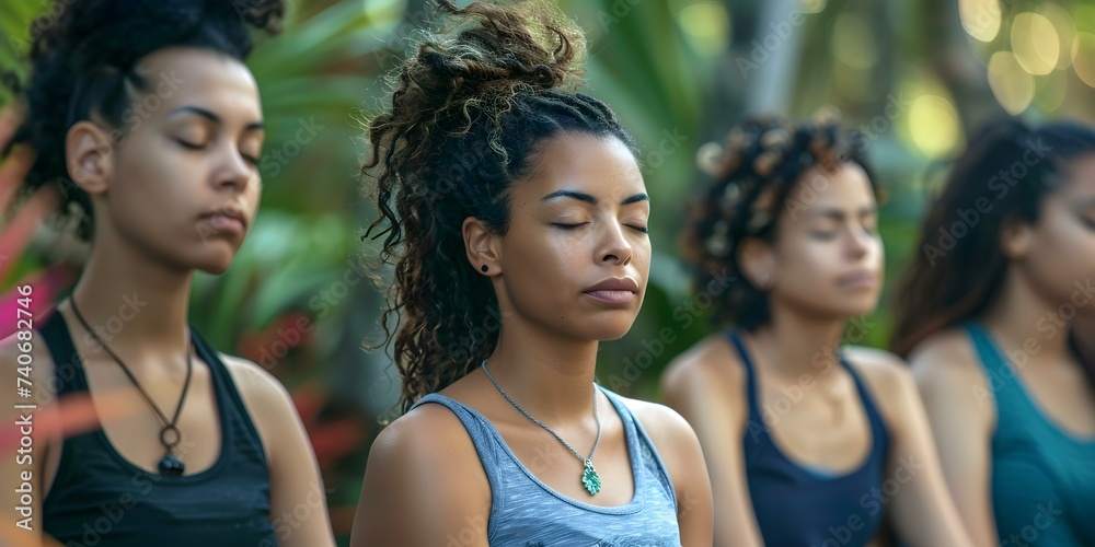 Black and Latin women practicing mindfulness outdoors in a detailed photo. Concept Outdoor Photoshoot, Women Empowerment, Mindfulness Practice, Cultural Diversity, Nature Backdrop