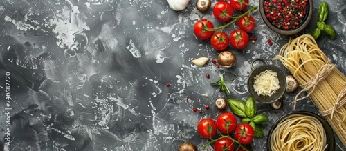 Obraz  z motywem Italian fresh ingredient food variety on slate background
