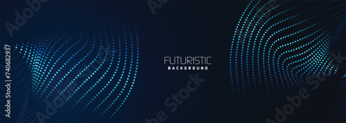 background in futuristic data technology. Halftone waves with dots. flowing dots on a dark blue backdrop. Particles of digital waves in abstraction. Background for an abstract halftone illustration