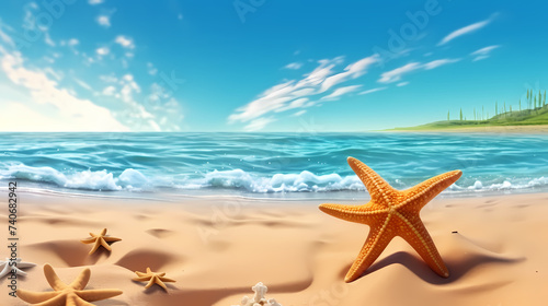 Vacation in tropical resort, sea shells and starfish background © ma
