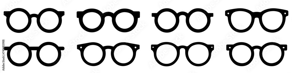 © chekman - Glasses icon. Set of glasses icons. Black glasses silhouette isolated on white