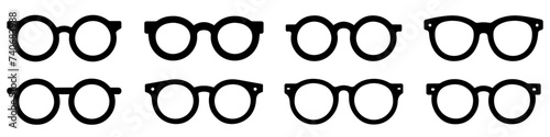 Glasses icon. Set of glasses icons. Black glasses silhouette isolated on white