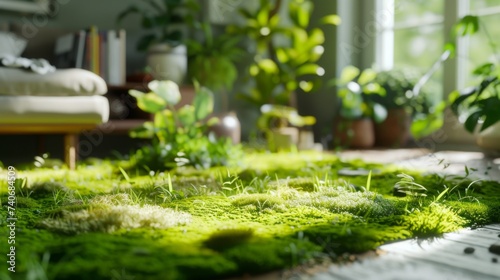 Comfortable Scandinavian minimalist interior overgrown with grass and flowers. Sunlight from the window. Green lifestyle. A harmonious room with grass, flowers and plants inside.