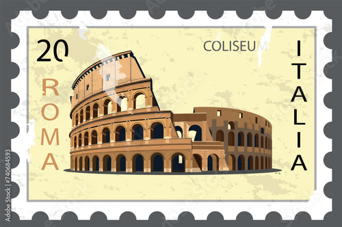 Postage stamp with the image of the Colosseum. Vector.