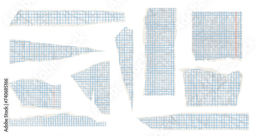 Torn ripped notebook papers, Cut sheets with square grid, cutout collage piece. Realistic blank gridded white cardboard. Vector illustration of different scraps set, calligraphy paper sheet border.