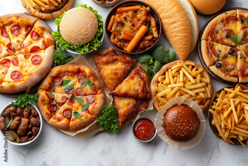 assortment of take out and fast foods, pizza, hamburgers, french fries, chips, hot dogs, sauces, top view, space to copy, unhealthy fatty foods
