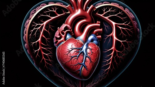 A detailed anatomical illustration of a human heart suspended in the darkness.