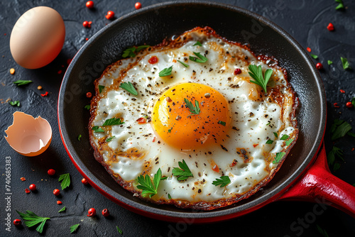 fried egg on red frying pan near raw whole egg and eggshells, gray background, top view, herbs