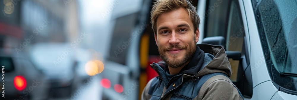 A confident, mature Caucasian man stands beside his delivery vehicle, representing professionalism and happiness in the transportation industry.