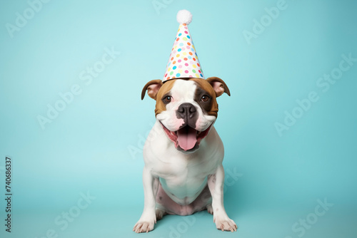 american bulldog happy dog in celebration cone speckled, on party zone at birthday, on pastel backgrounds photo