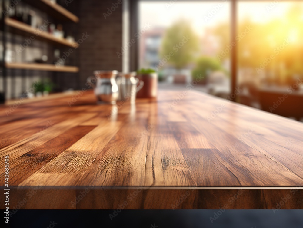 Empty wooden table in front of coffee shop blur background with bokeh image.