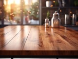 Empty wooden table in front of coffee shop blur background with bokeh image.