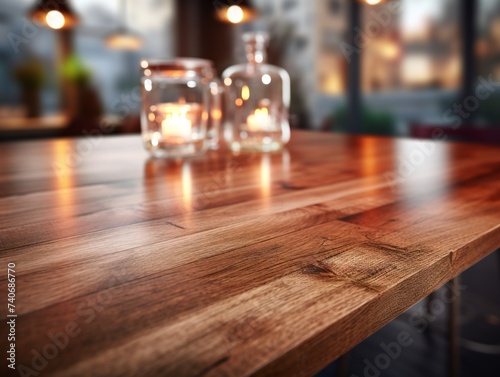 Empty wooden table in front of coffee shop blur background with bokeh image.