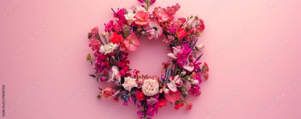 wreath of flowers on a pink background.