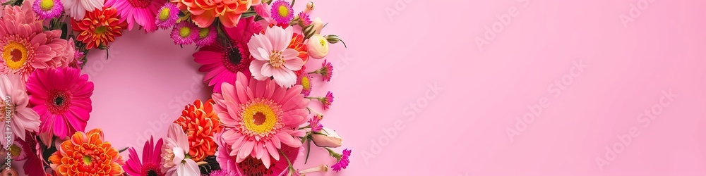 wreath of flowers on a pink background.