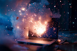 Laptop computer on fire due to a fault or its lithium battery overheating and exploding causing a thermal runaway which will now need a malfunction repair, stock illustration image