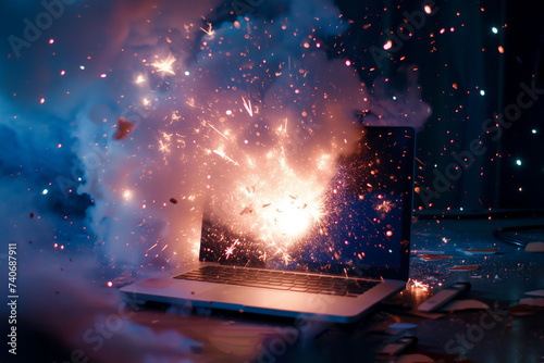 Laptop computer on fire due to a fault or its lithium battery overheating and exploding causing a thermal runaway which will now need a malfunction repair, stock illustration image