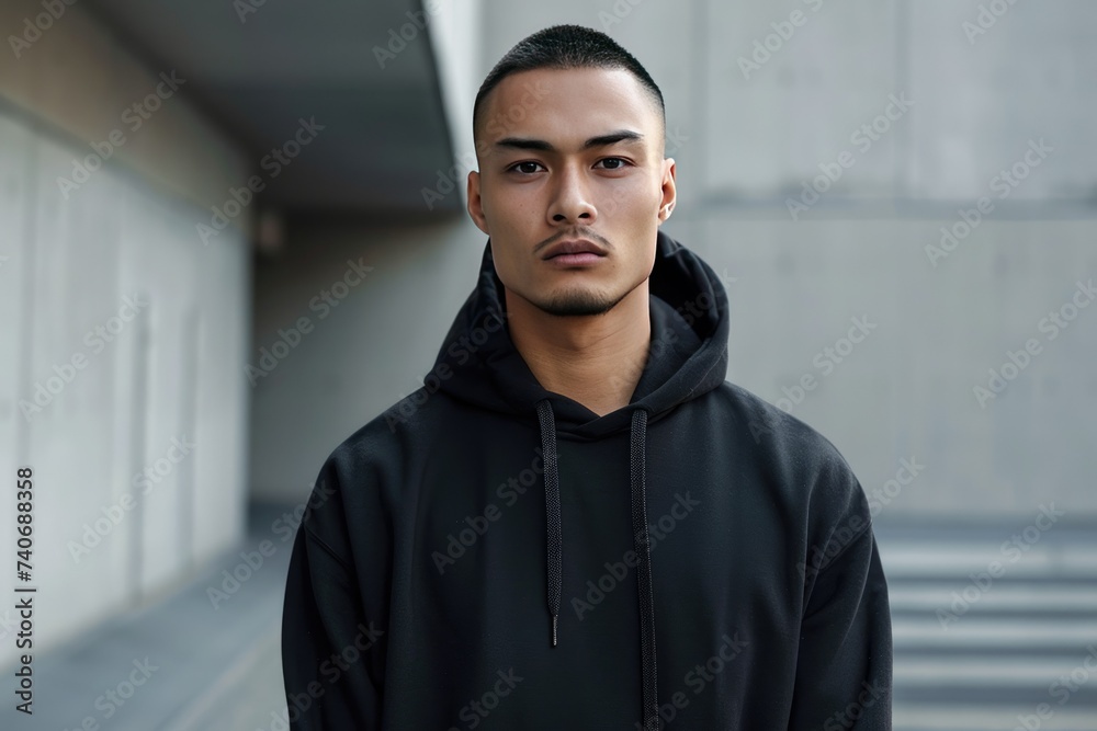 A confident young adult standing in a sleek black hoodie, exuding charm and ease. Their composed demeanor, minimalist style, and modern urban fashion make them look effortlessly cool and stylish